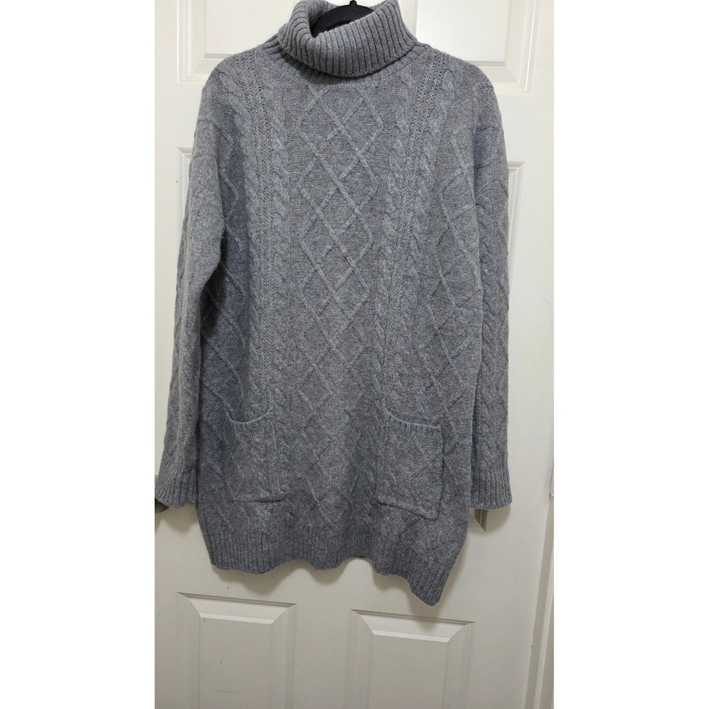 Liny Xin Turtleneck Sweater Dress Women XL Gray Merino Wool Cable Knit Pocket